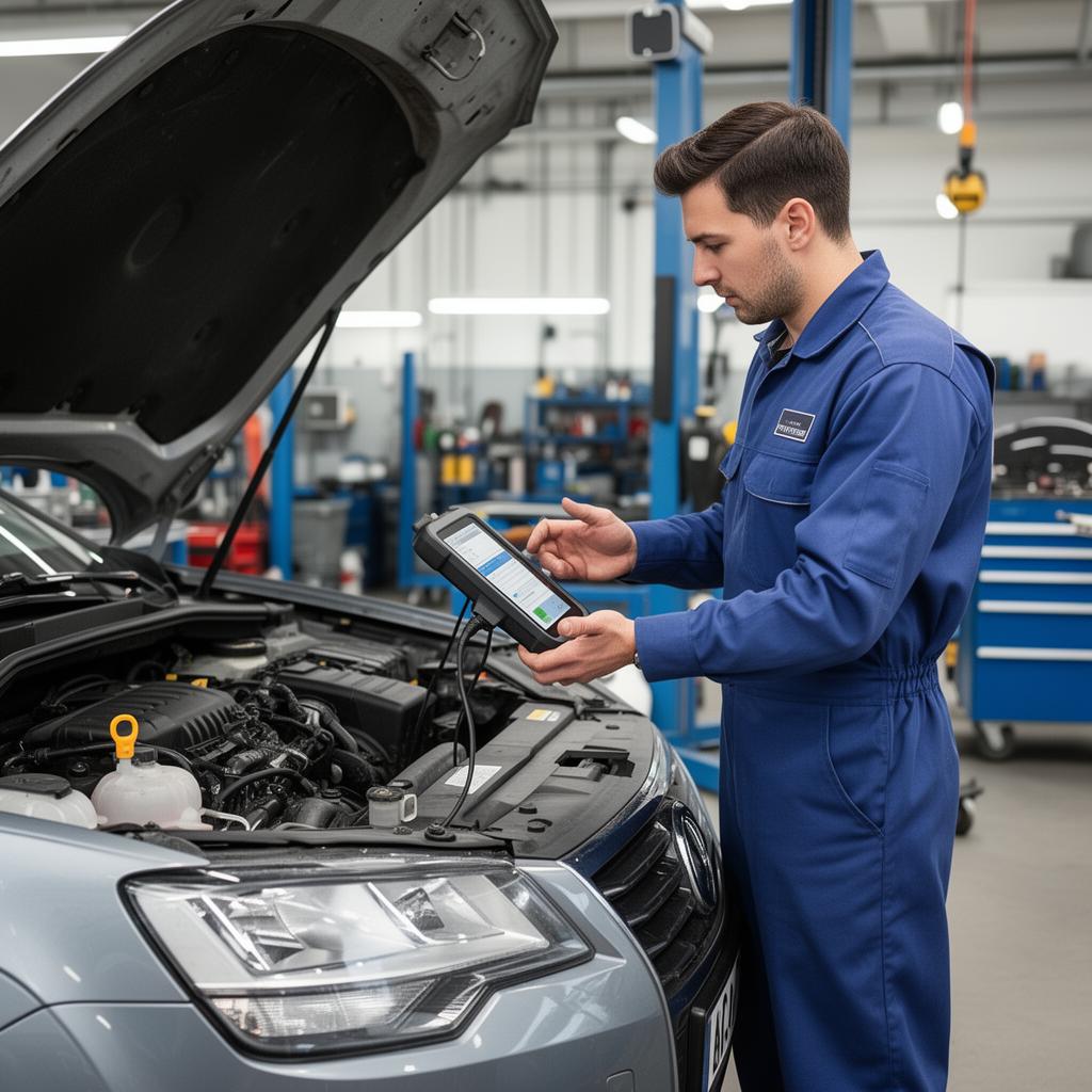 Mechanic running engine diagnostics